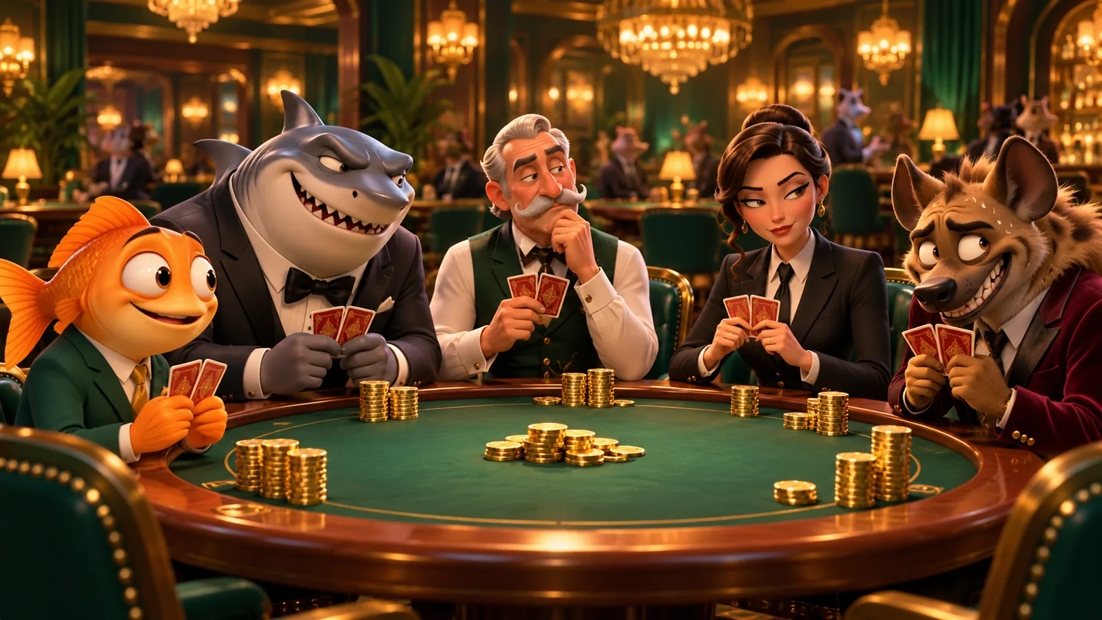 Five stylised players around an emerald poker table, studying each other’s faces