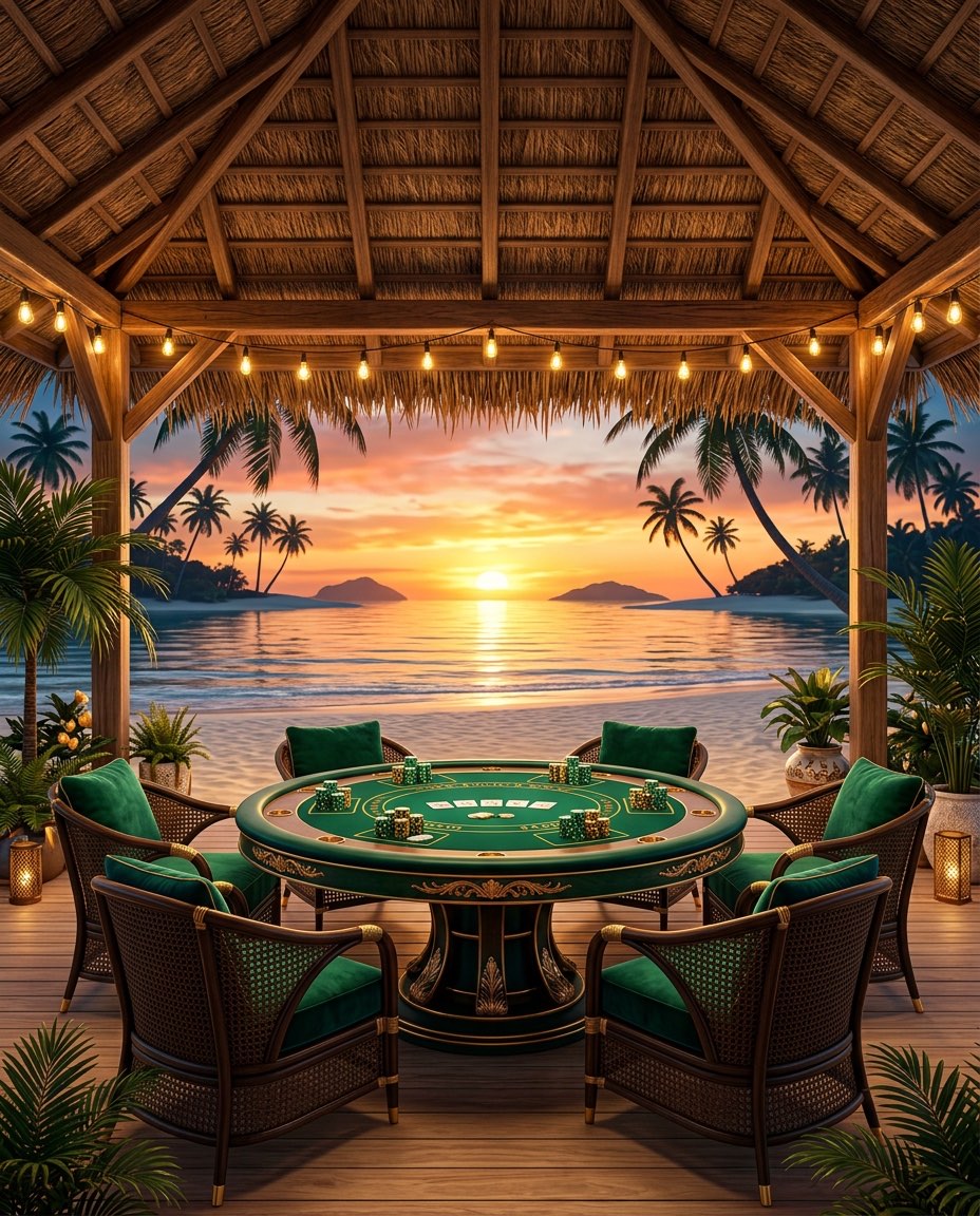 An open-air beach cabana card table at sunset