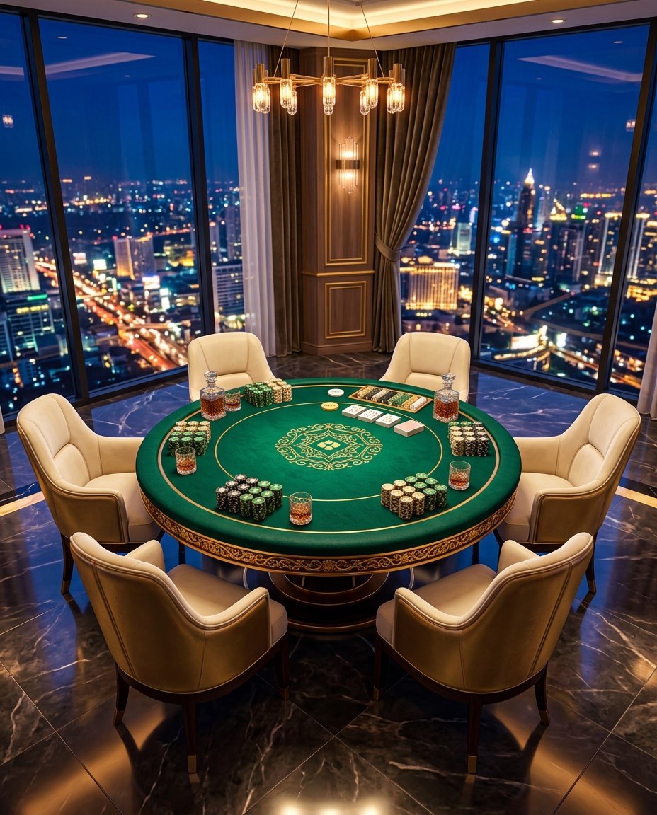 A penthouse card room overlooking a night skyline