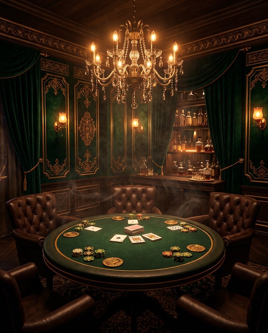 A dark panelled speakeasy card room