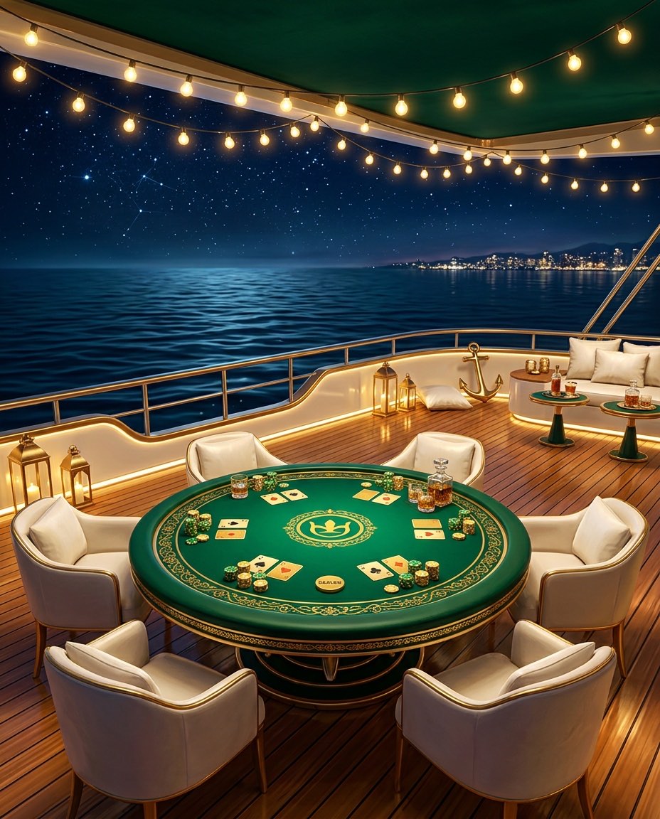 A poker table on a yacht deck at night