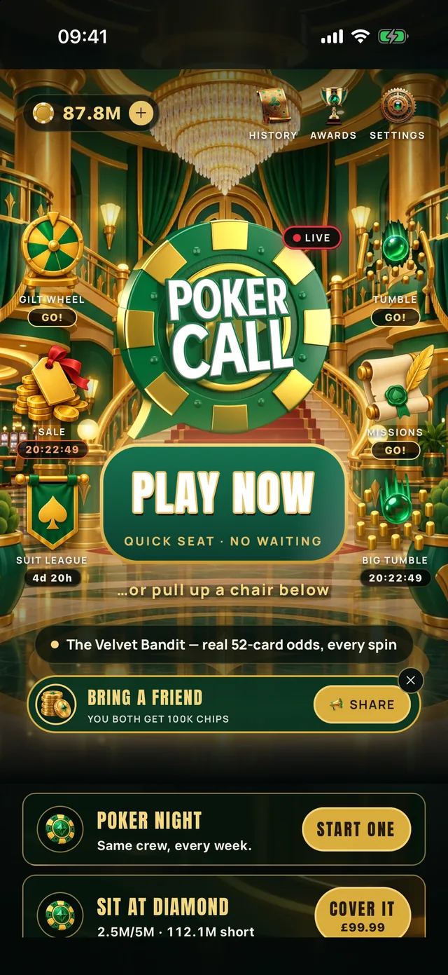 Poker Call screen: lobby