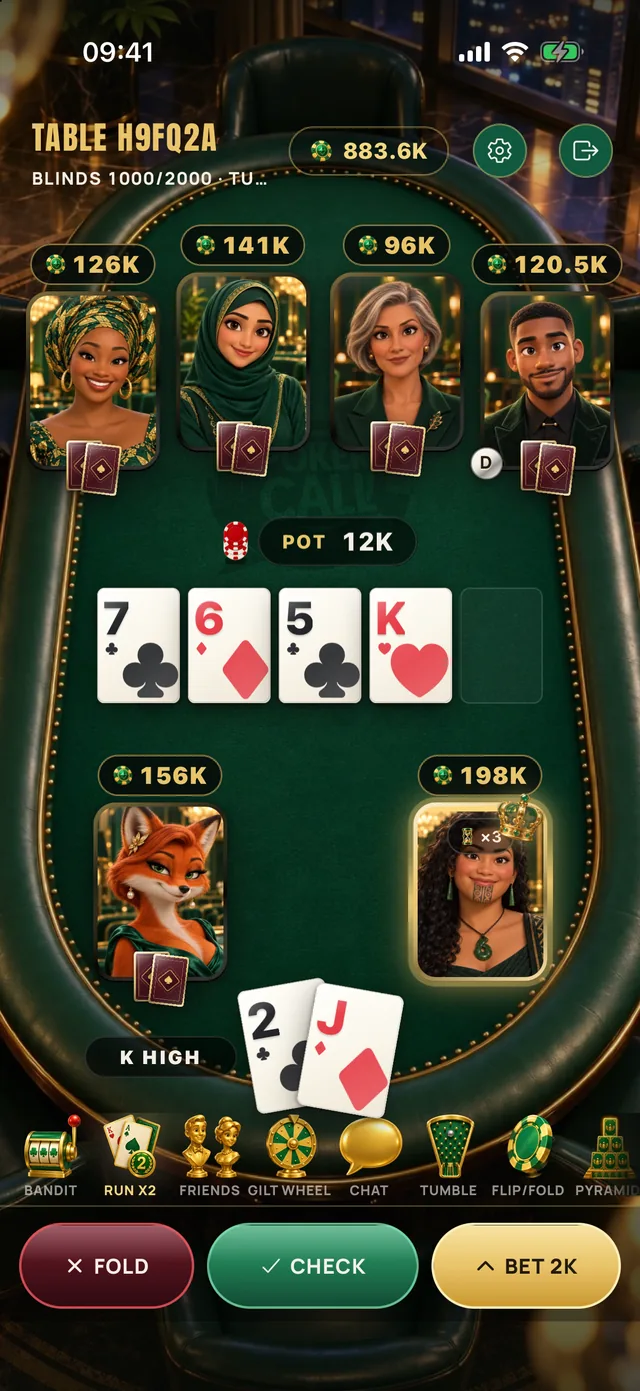 Showdown approaching: pocket cards, the pair badge and the Flop Slip tab